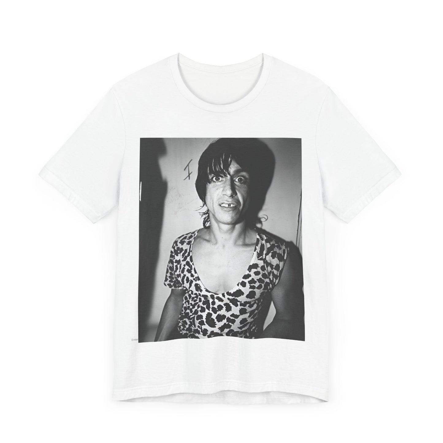 A black graphic t-shirt featuring a graphic of Iggy Pop and The Stooges in a punk style.