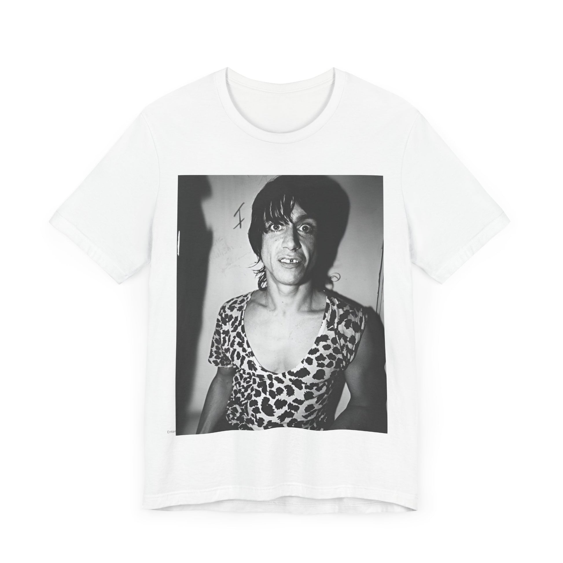 A black graphic t-shirt featuring a graphic of Iggy Pop and The Stooges in a punk style.