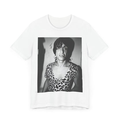 A black graphic t-shirt featuring a graphic of Iggy Pop and The Stooges in a punk style.