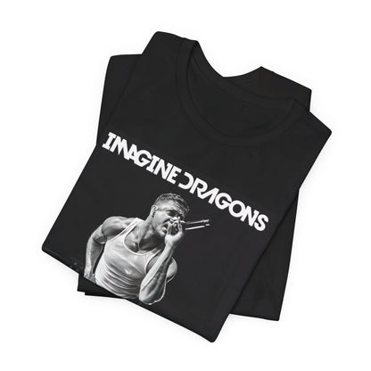 A black graphic t-shirt featuring a black and white graphic related to Imagine Dragons' 'Radioactive' song or era.