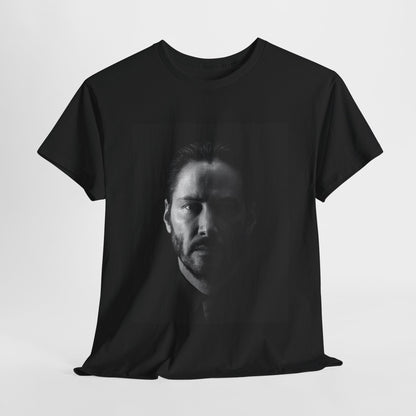 A black graphic t-shirt featuring a graphic of Keanu Reeves as John Wick.