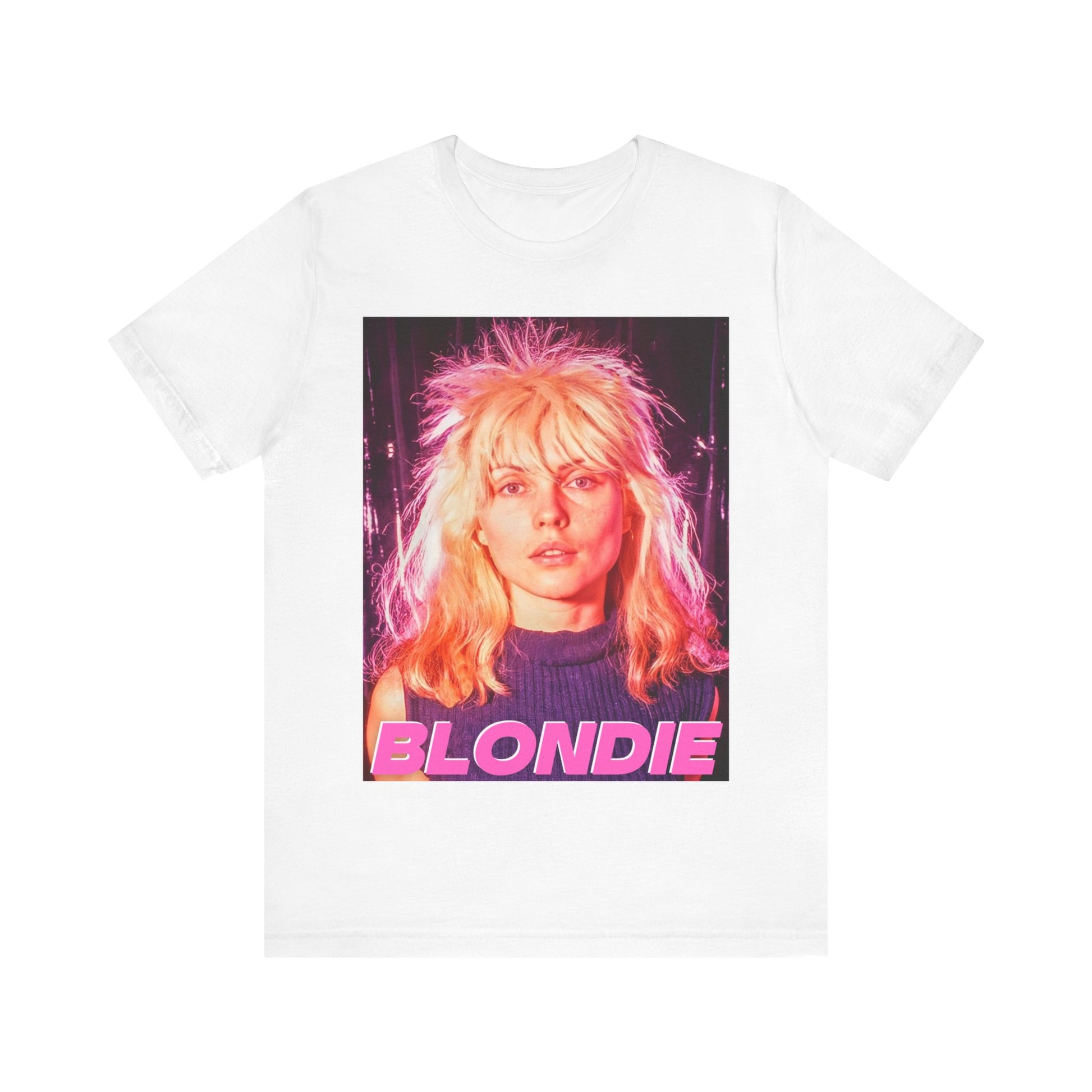 A black graphic t-shirt featuring a neon-style graphic of Blondie with a punk attitude.