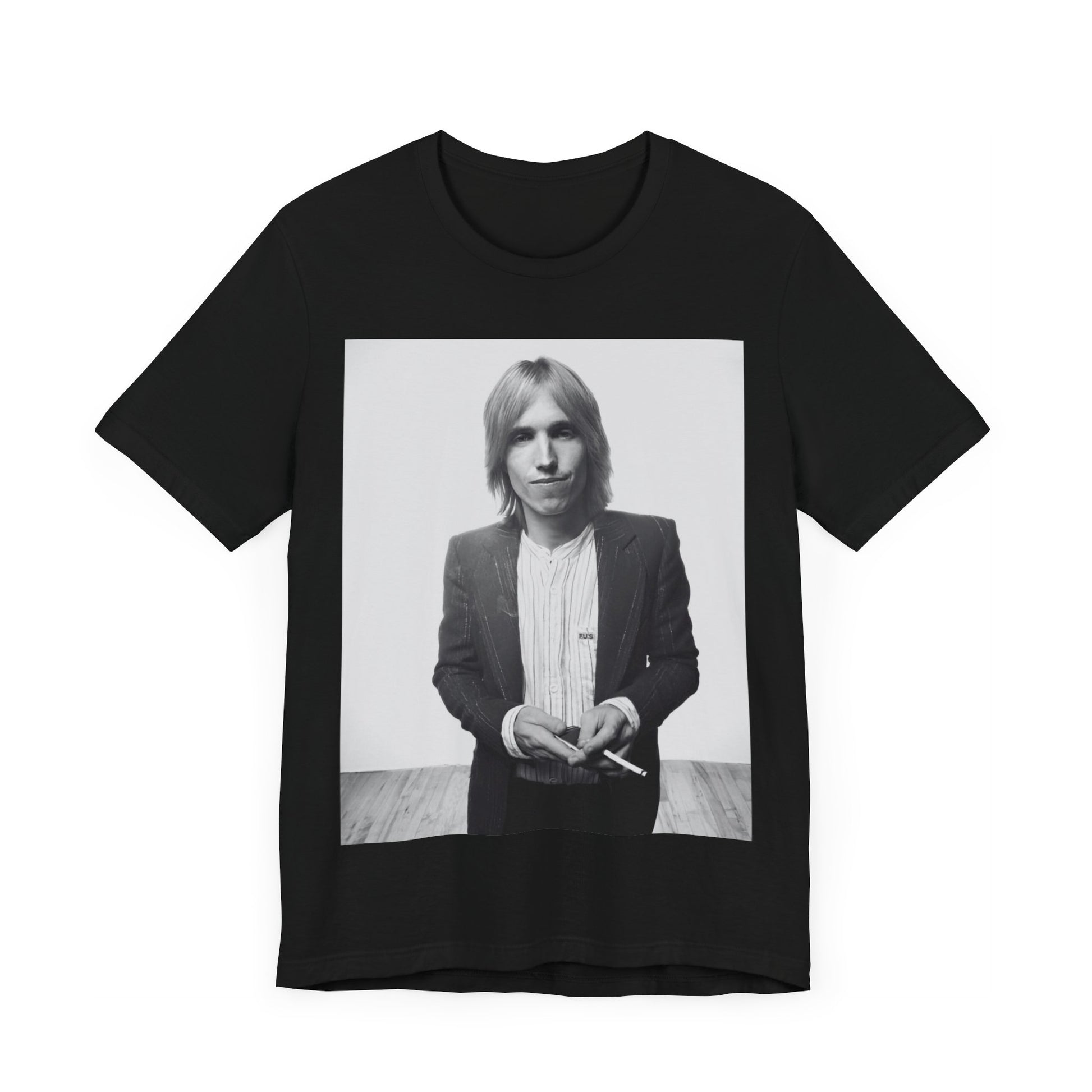 A black graphic t-shirt featuring a graphic of Tom Petty with rock legend vibes.