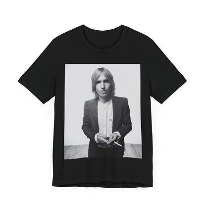 A black graphic t-shirt featuring a graphic of Tom Petty with rock legend vibes.