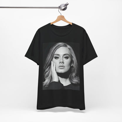 A black graphic t-shirt featuring a studio portrait of Adele from her '25' album era, showing a poised and thoughtful expression with her hair styled elegantly.