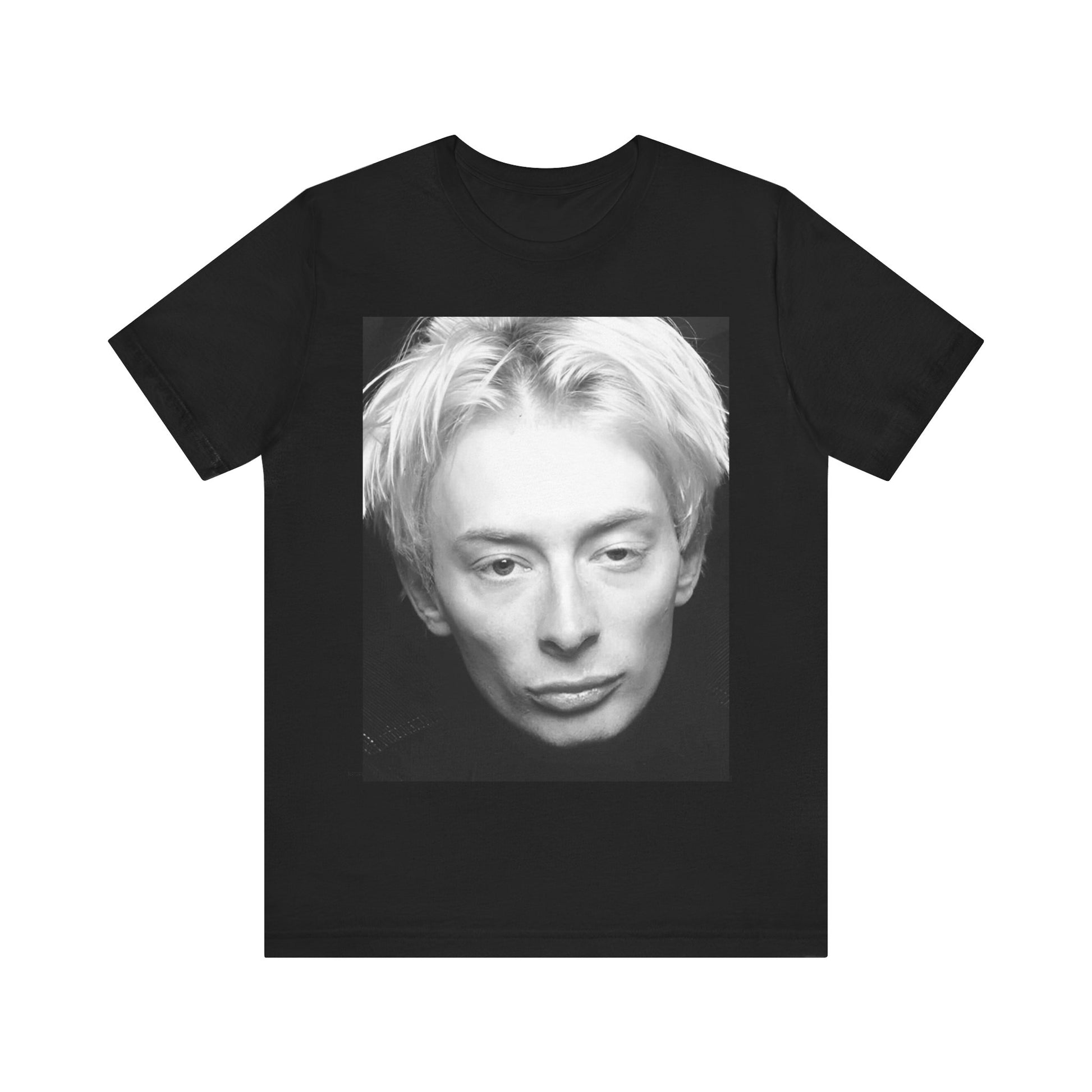 A black graphic t-shirt featuring a 90s black and white portrait photo of Thom Yorke from Radiohead.