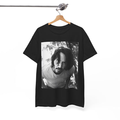 A black graphic t-shirt featuring a graphic of Keanu Reeves with authentic chill vibes.