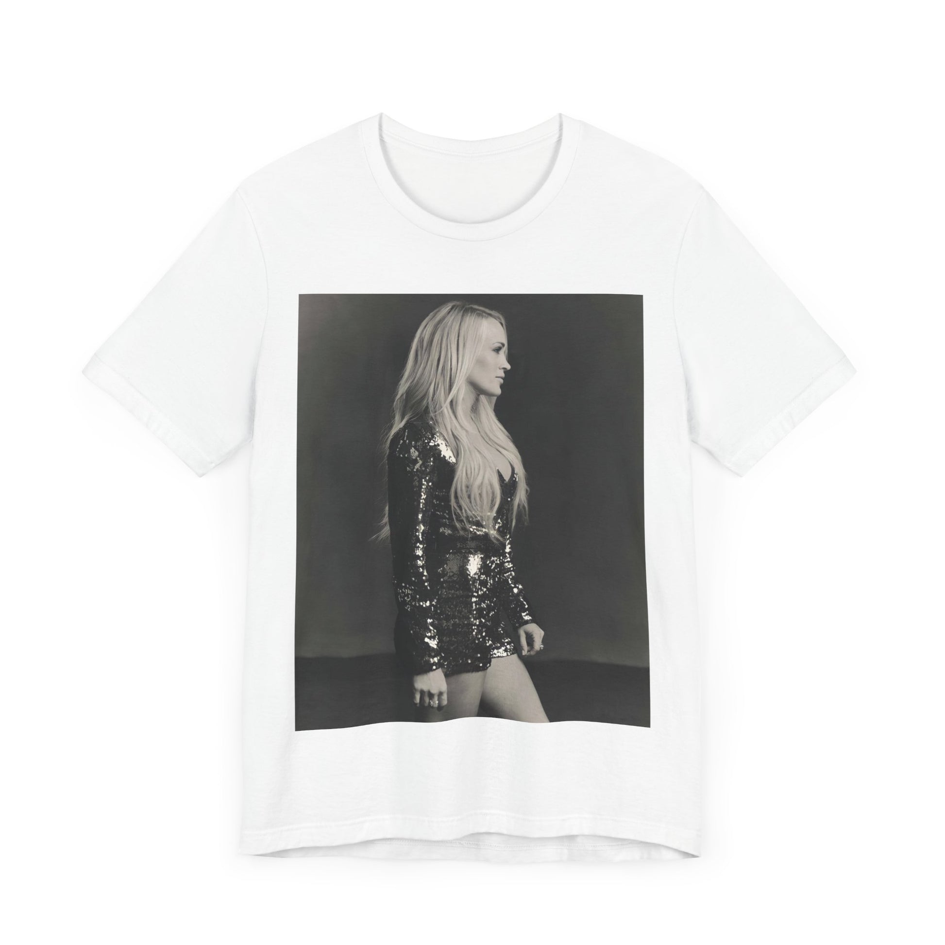 A black graphic t-shirt featuring a black and white photo of Carrie Underwood performing live on stage.