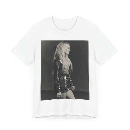 A black graphic t-shirt featuring a black and white photo of Carrie Underwood performing live on stage.