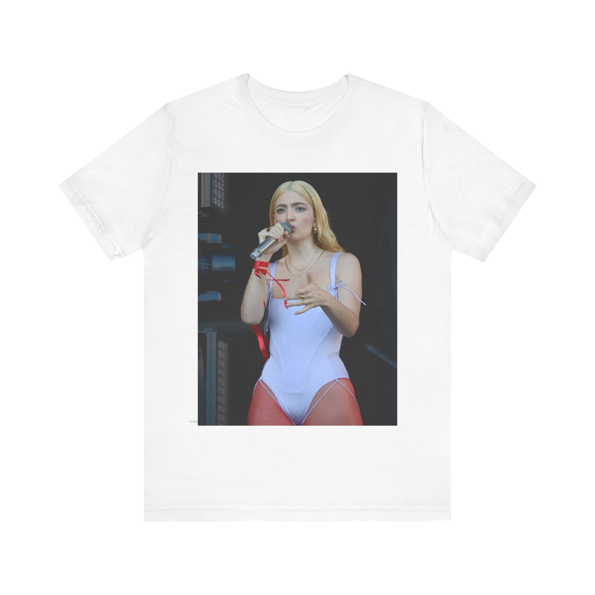 A black graphic t-shirt featuring a graphic or photo of Lorde performing on stage in a cool alternative music style.