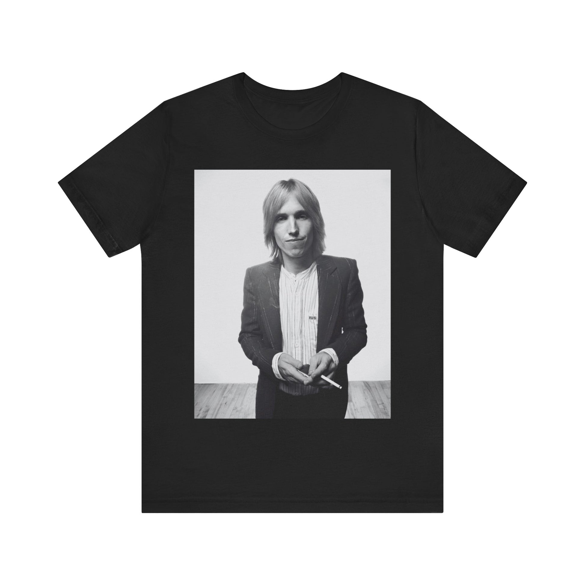 A black graphic t-shirt featuring a graphic of Tom Petty with rock legend vibes.