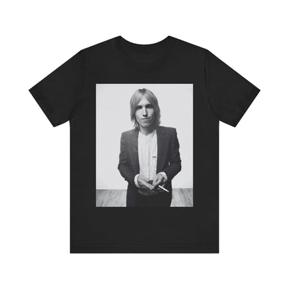 A black graphic t-shirt featuring a graphic of Tom Petty with rock legend vibes.