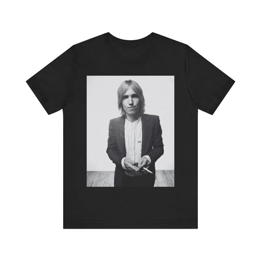A black graphic t-shirt featuring a graphic of Tom Petty with rock legend vibes.