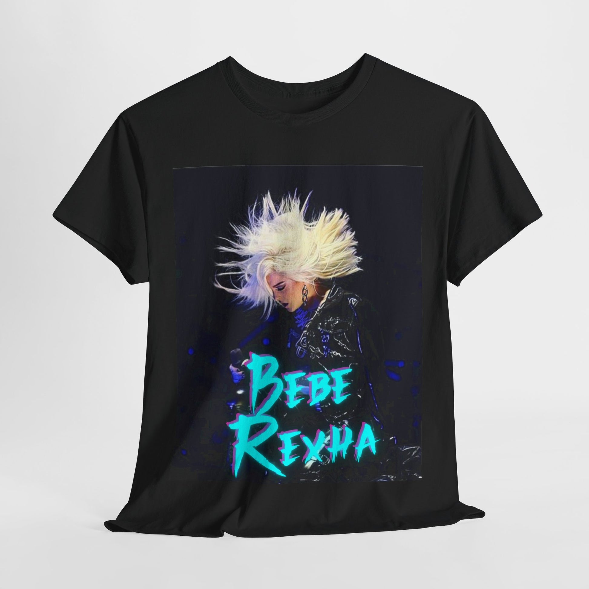 A black graphic t-shirt featuring a retro-style graphic of Bebe Rexha in a posed, aesthetic manner.