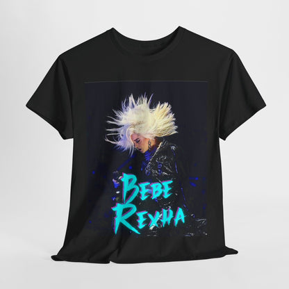A black graphic t-shirt featuring a retro-style graphic of Bebe Rexha in a posed, aesthetic manner.