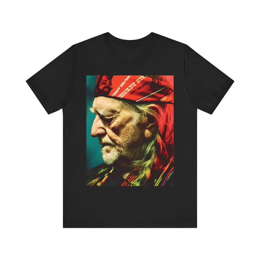 A black graphic t-shirt featuring a graphic related to Willie Nelson's 'Red Headed Stranger' album era.
