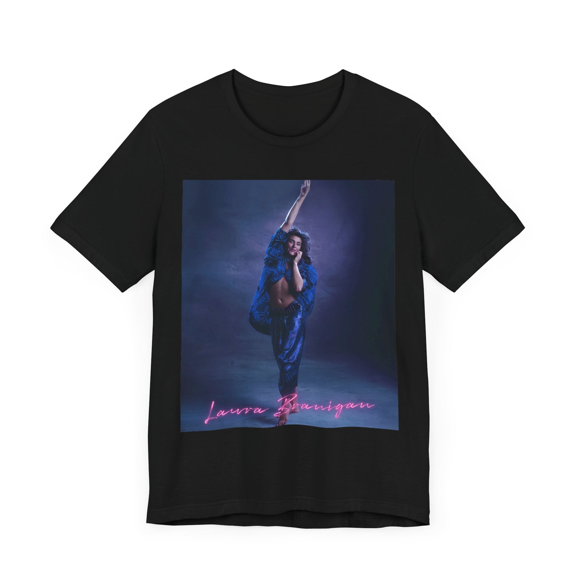 A black graphic t-shirt featuring an 80s synth pop aesthetic graphic of Laura Branigan.