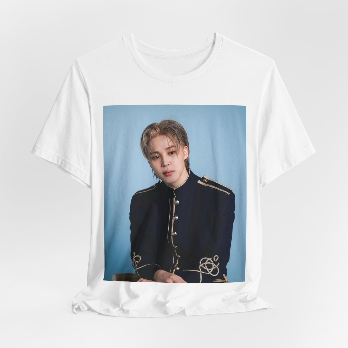 A black graphic t-shirt featuring a graphic related to Jimin's 'FACE' album era.