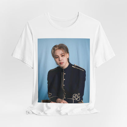 A black graphic t-shirt featuring a graphic related to Jimin's 'FACE' album era.