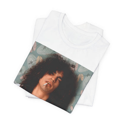 A black graphic t-shirt featuring a 90s photo of Slash from Guns N' Roses.