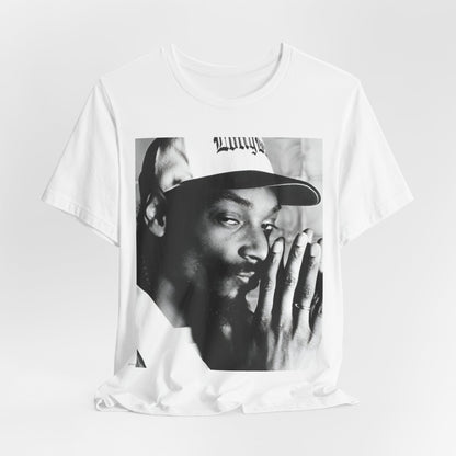 A black graphic t-shirt featuring a cool black and white graphic or photo of Snoop Dogg as a rapper.