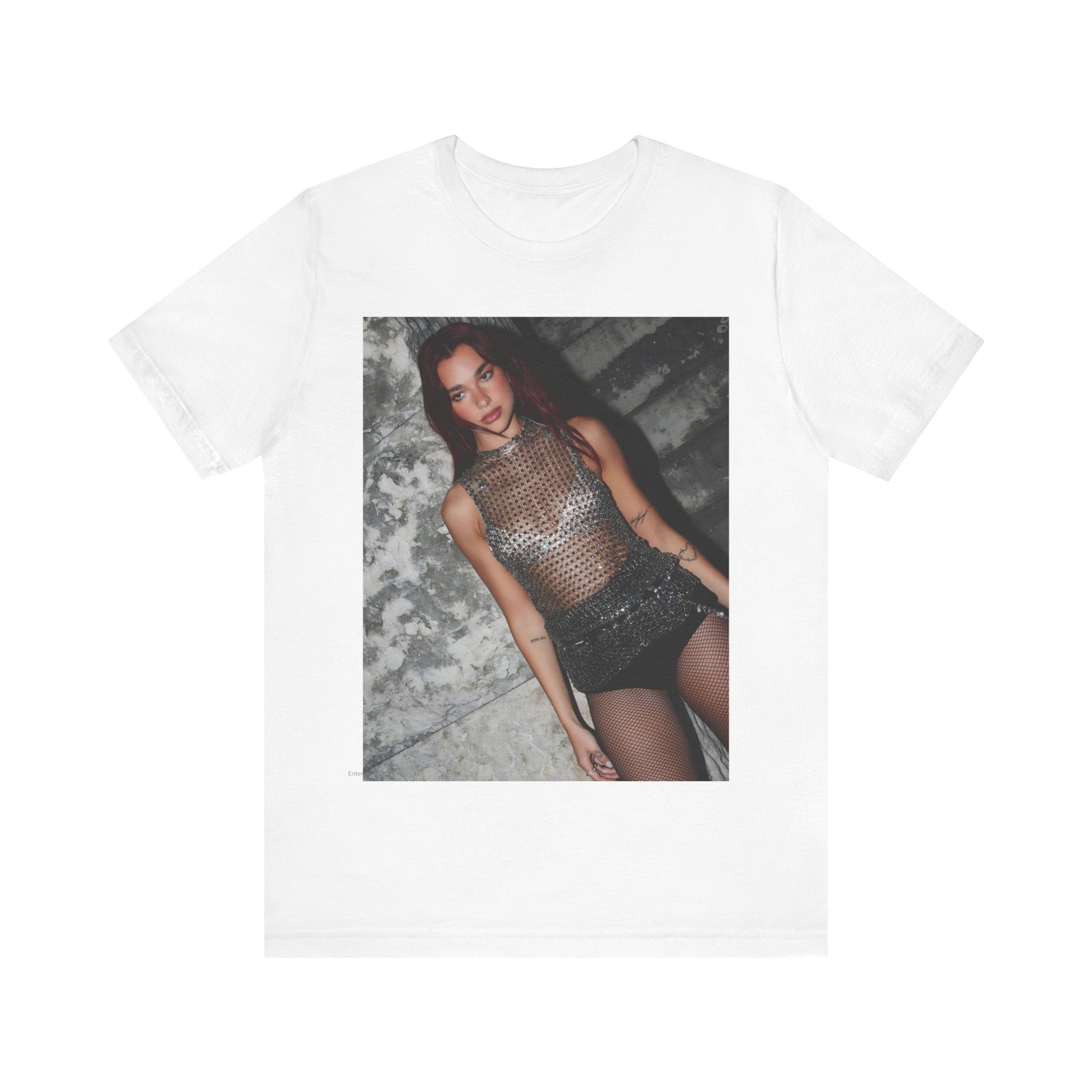 A black graphic t-shirt featuring a graphic of Dua Lipa as a disco queen, with an aesthetic design.