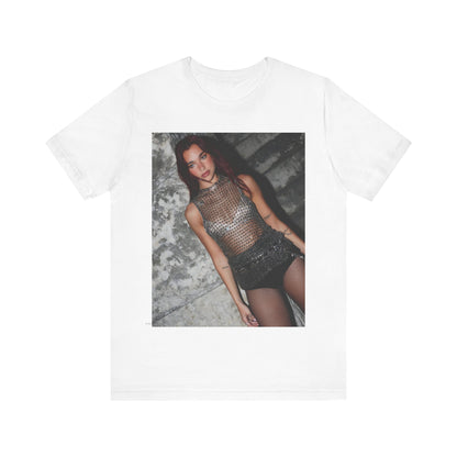A black graphic t-shirt featuring a graphic of Dua Lipa as a disco queen, with an aesthetic design.