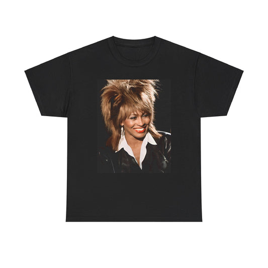 A black graphic t-shirt featuring a nostalgic graphic of Tina Turner as the Queen of Rock.