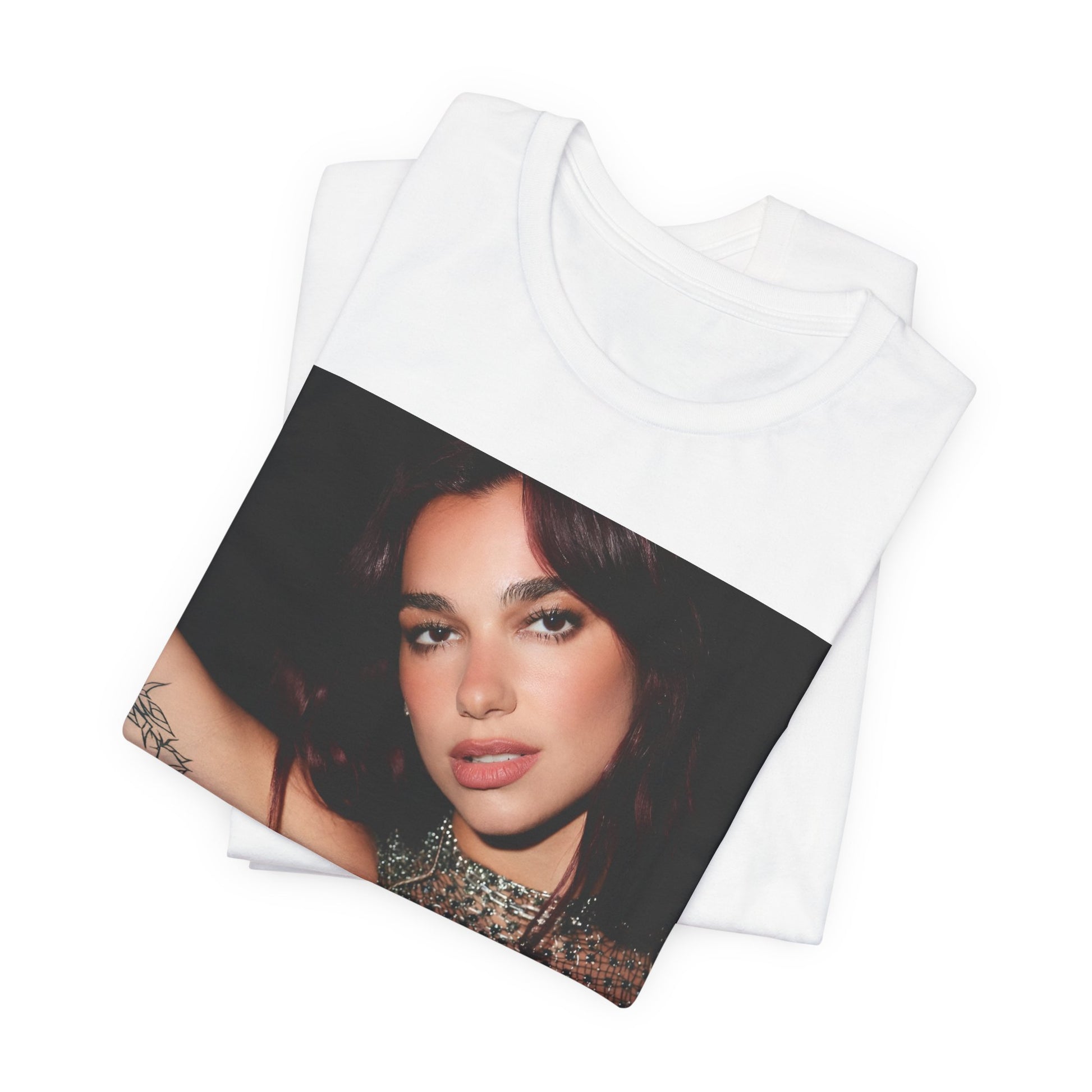 A black graphic t-shirt featuring a retro graphic inspired by Dua Lipa's "Don't Start Now" song.