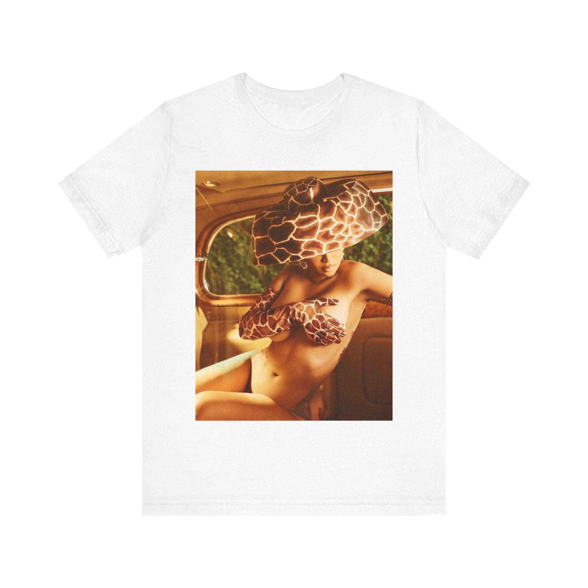 A black graphic t-shirt featuring a graphic of Cardi B as a hip hop culture phenomenon.