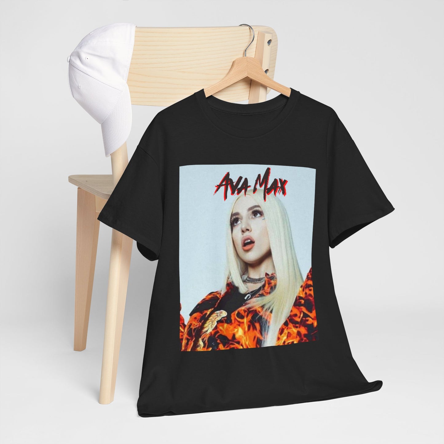 A black graphic t-shirt featuring a dynamic and 'hot' graphic of Ava Max, emphasizing her energetic pop star persona.