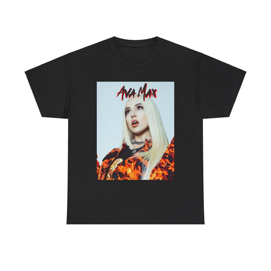 A black graphic t-shirt featuring a dynamic and 'hot' graphic of Ava Max, emphasizing her energetic pop star persona.