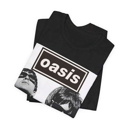 A black graphic t-shirt featuring a bold rock superstar graphic of Oasis.