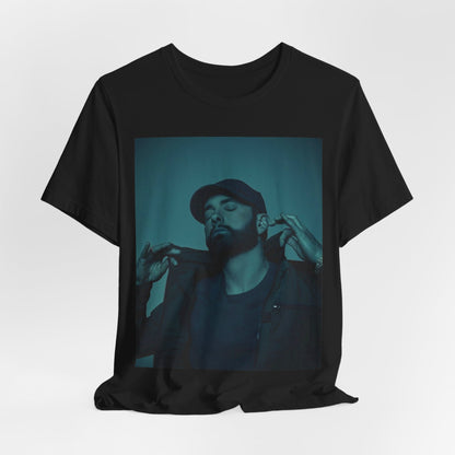 A black graphic t-shirt featuring a graphic of Eminem as a 'Rap God'.