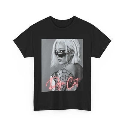 A black graphic t-shirt featuring a black and white portrait photo of Doja Cat.