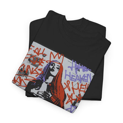 A black graphic t-shirt featuring a graffiti art style illustration of Ava Max.