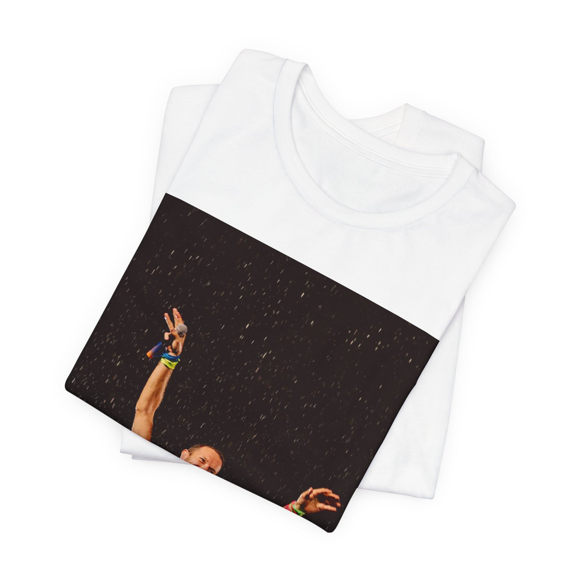 A black graphic t-shirt featuring a graphic related to Coldplay's song 'Fix You'.