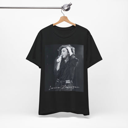 A black graphic t-shirt featuring an 80s live show graphic of Laura Branigan.