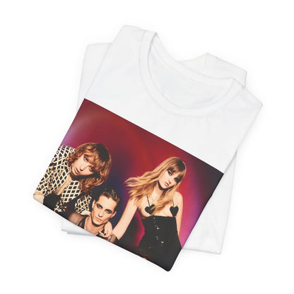 A black graphic t-shirt featuring a vintage glam rock graphic of Maneskin.