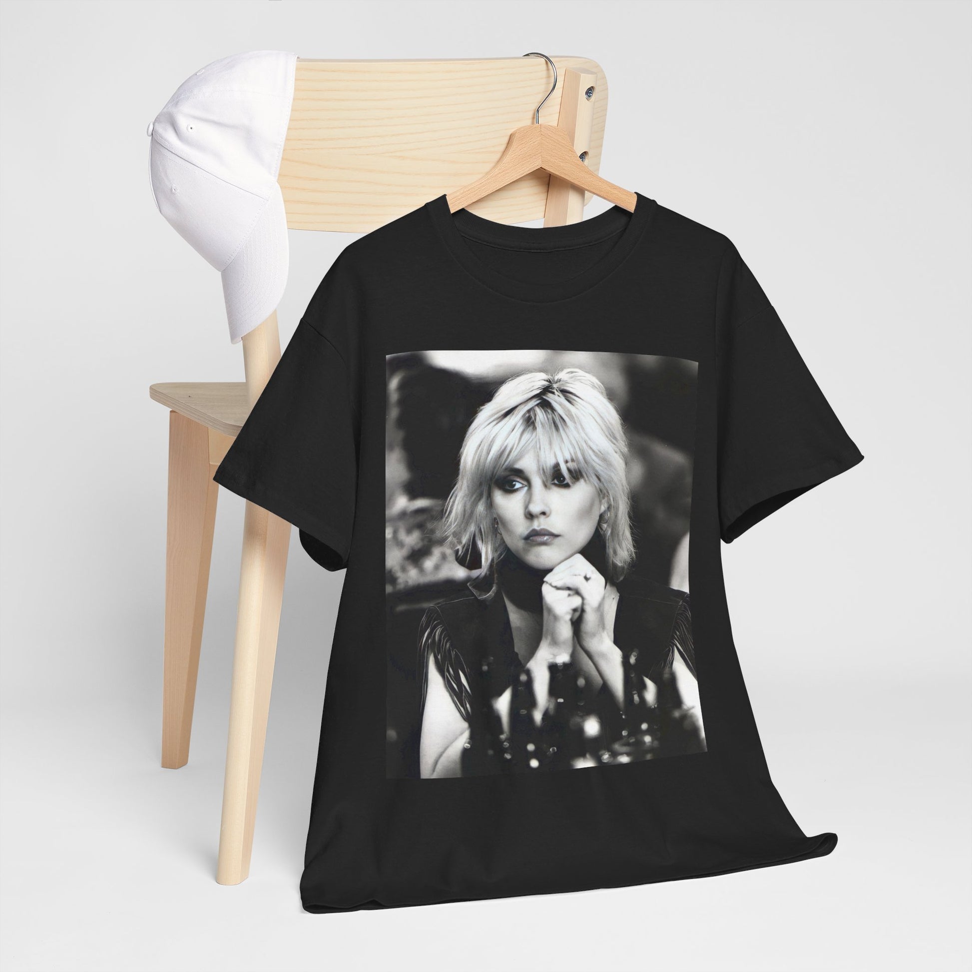 A black graphic t-shirt featuring an iconic black and white graphic or photo of Blondie.