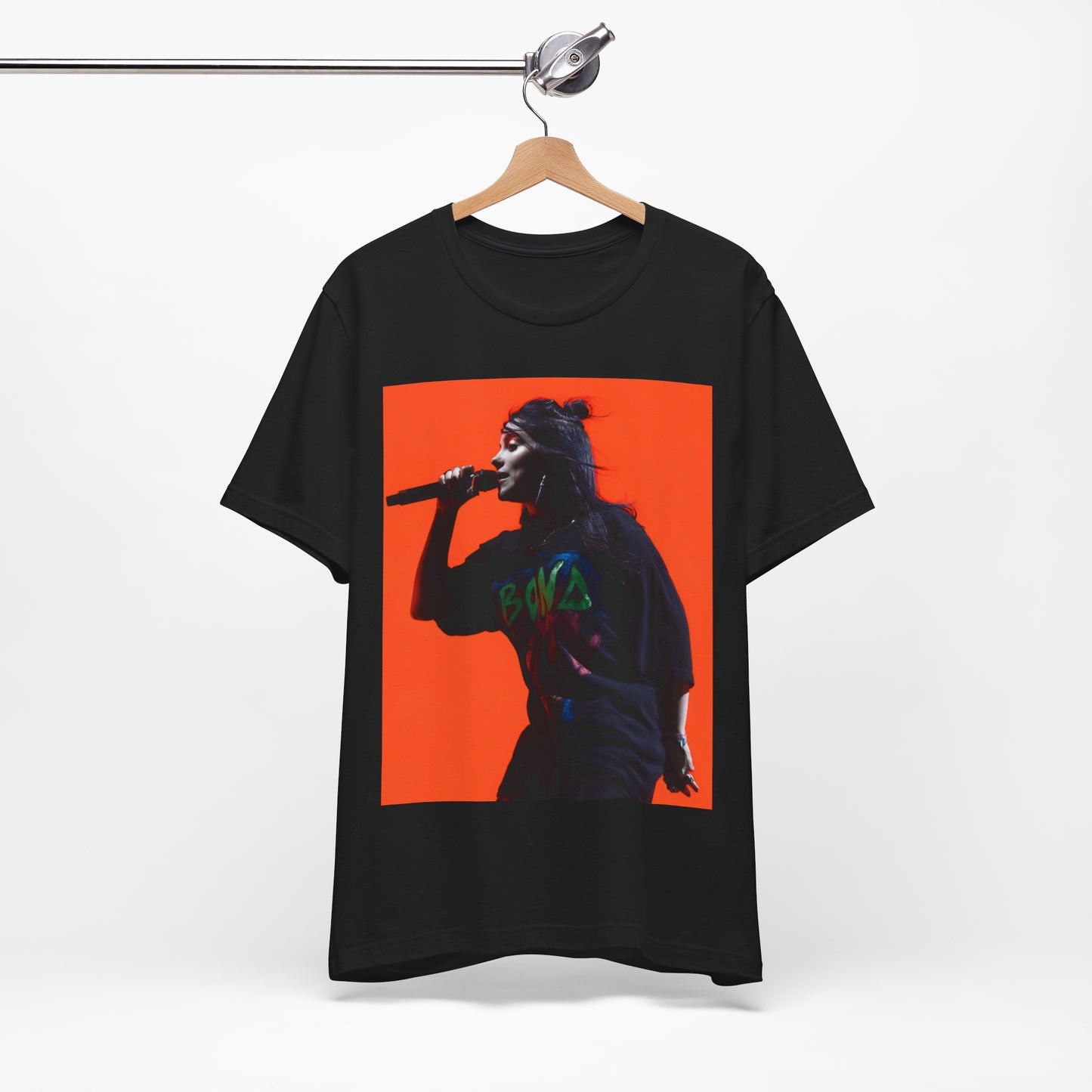 The official 'Blohsh' stick figure logo of Billie Eilish, printed in a single color on a graphic t-shirt.