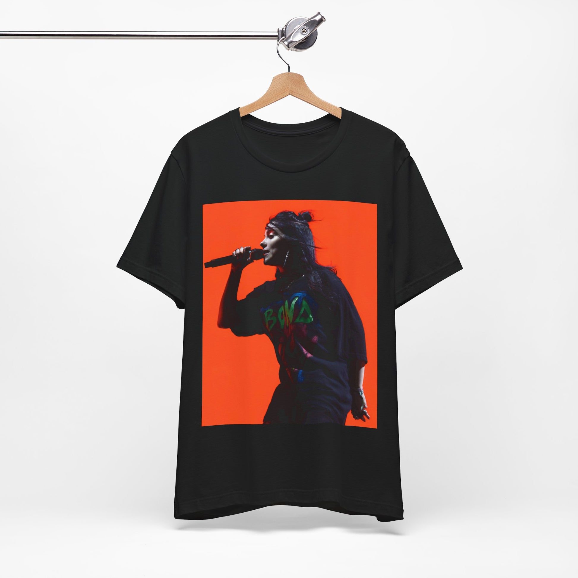 The official 'Blohsh' stick figure logo of Billie Eilish, printed in a single color on a graphic t-shirt.