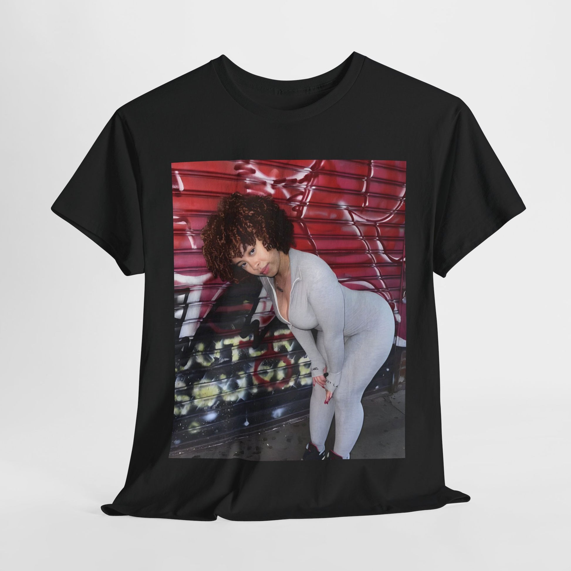 A black graphic t-shirt featuring a graphic of Ice Spice with text like 'No Flop Era'.