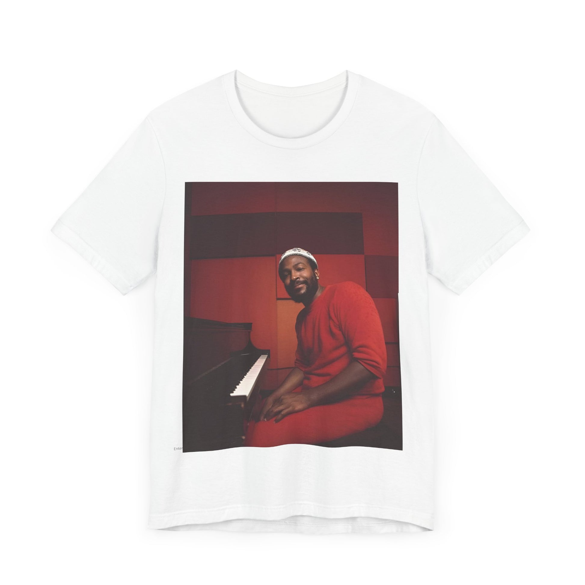 A black graphic t-shirt featuring a retro photo of Marvin Gaye playing the piano.