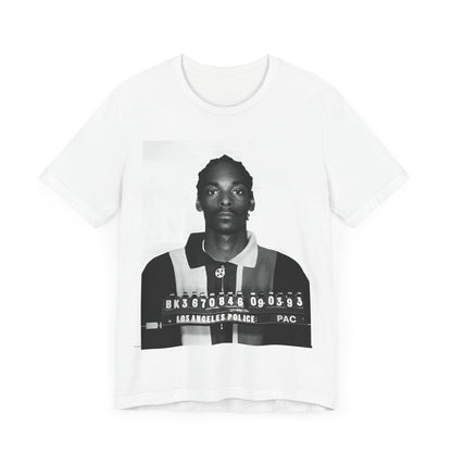 A black graphic t-shirt featuring a graphic of Snoop Dogg's mug shot.
