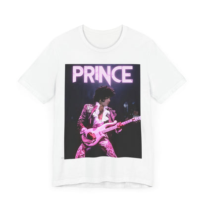 A black graphic t-shirt featuring an 80s pop genius graphic of Prince.