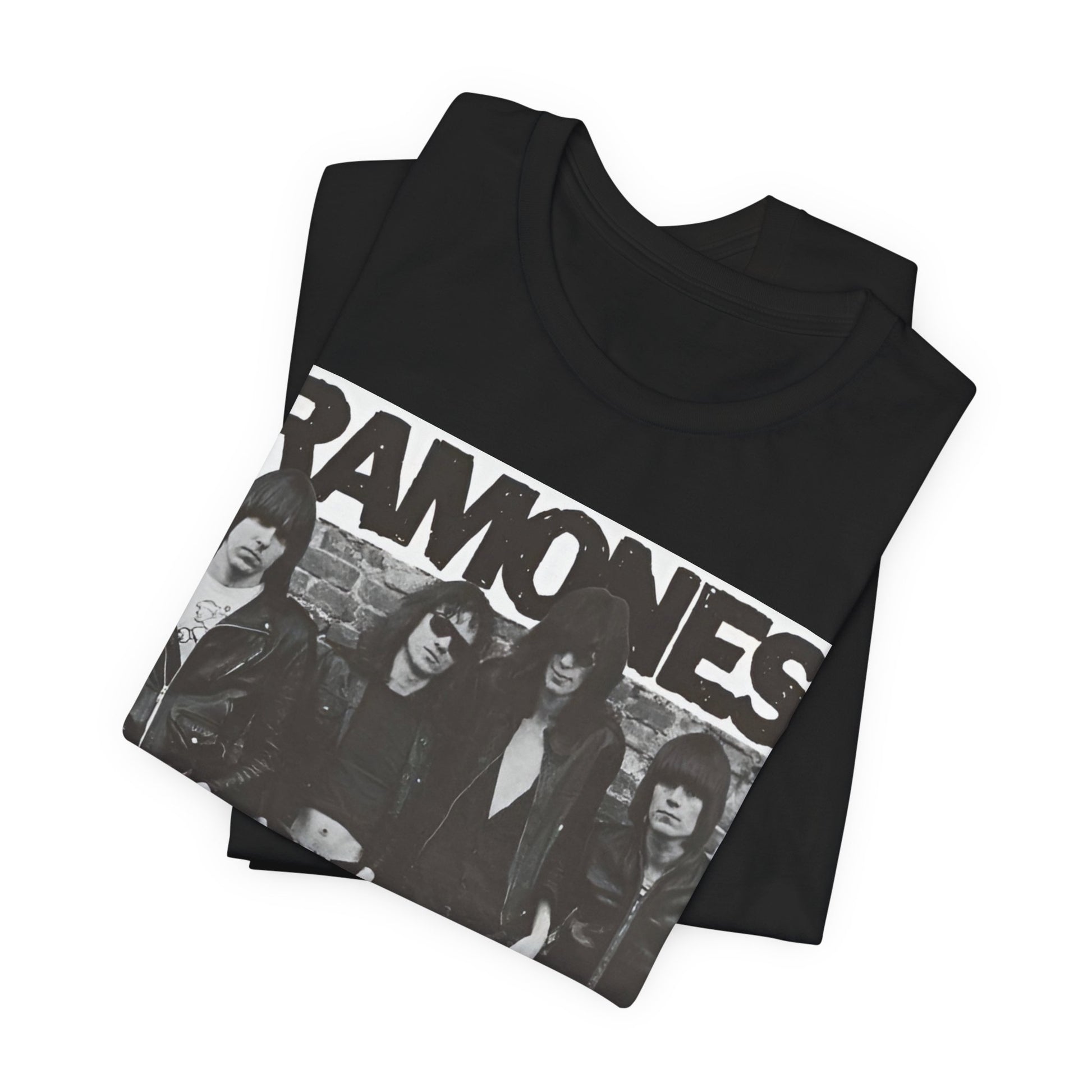 A black graphic t-shirt featuring a 70s vintage punk rock graphic of the Ramones.