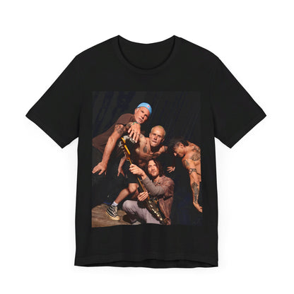 A black graphic t-shirt featuring a psychedelic vibes graphic related to Red Hot Chili Peppers.