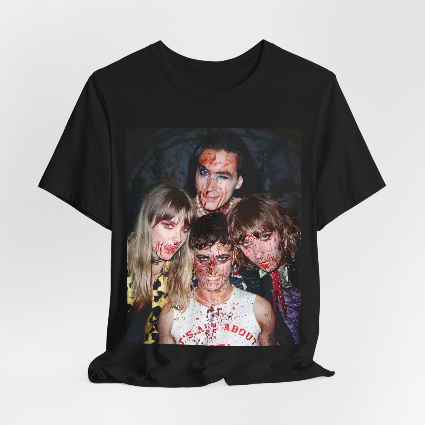 A black graphic t-shirt featuring a graphic of Maneskin celebrating their Eurovision win.