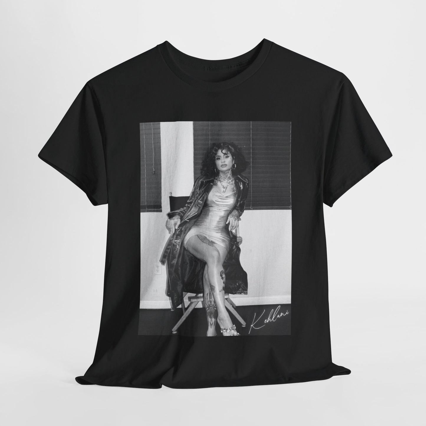 A black graphic t-shirt featuring a vintage black and white graphic or photo of Kehlani.